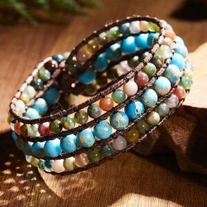 BOHEMIAN MOTHER EARTH JASPER STONE BEADED LEATHER WOVEN HANDMADE BRACELET